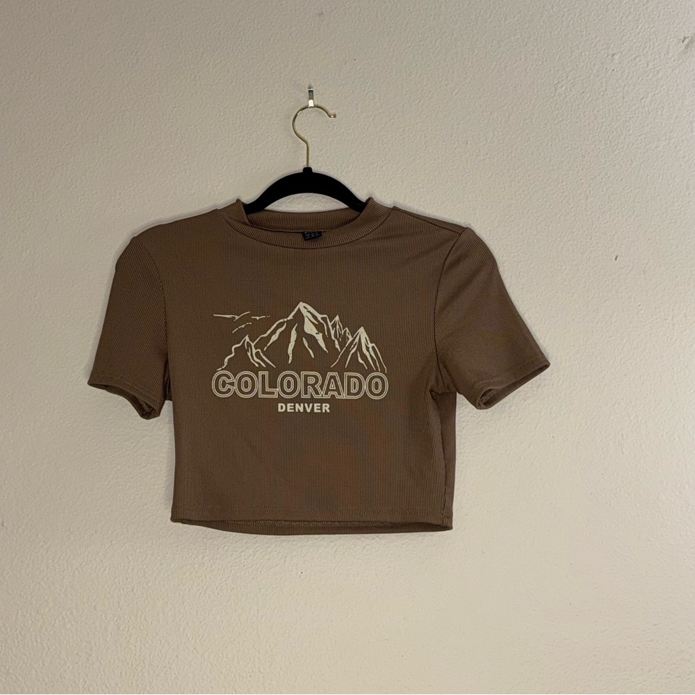 SHEIN Brown Colorado Mountain Graphic Crop Top